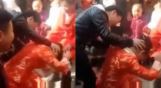 男子掐新娘脖子让其跪拜 网友愤怒：活该被扇耳光